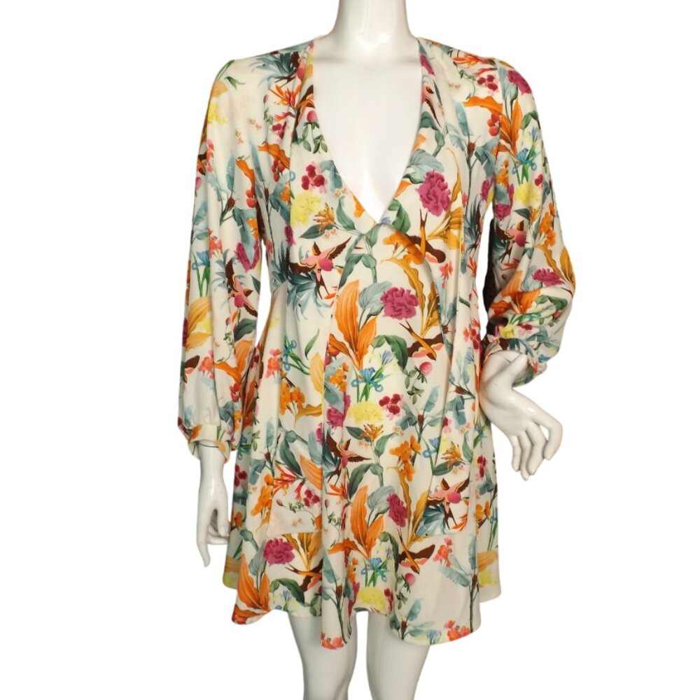 MICHELE NEGRI Mini Dress, M/44, White/Multicolor Floral, Long sleeve,Neck straps